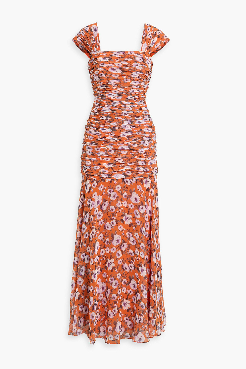 Mikael Aghal Ruched Floral-print Chiffon Maxi Dress In Orange