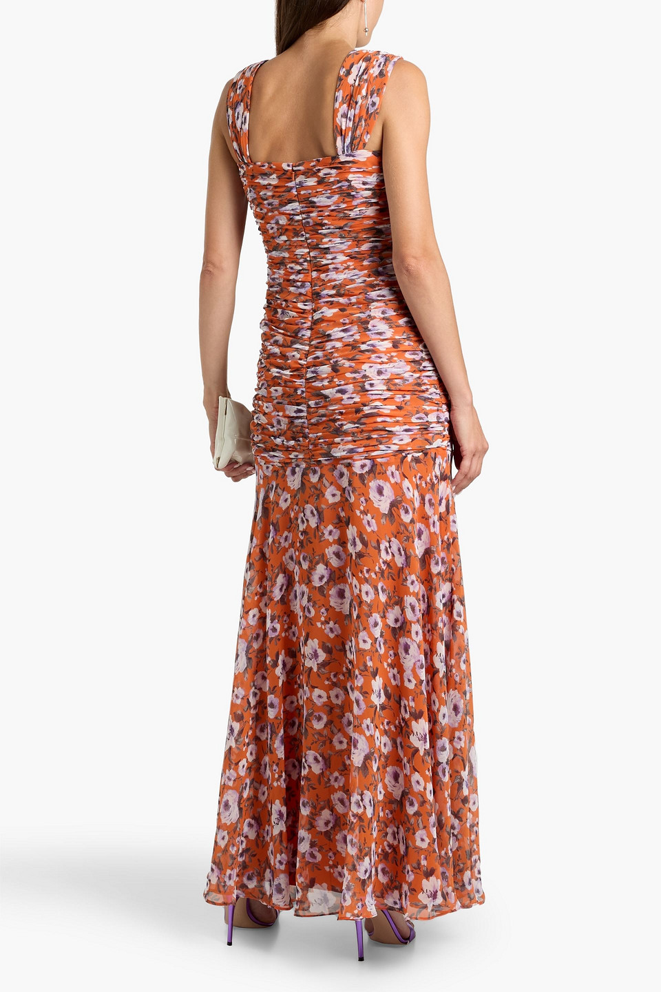 Mikael Aghal Ruched Floral-print Chiffon Maxi Dress In Orange
