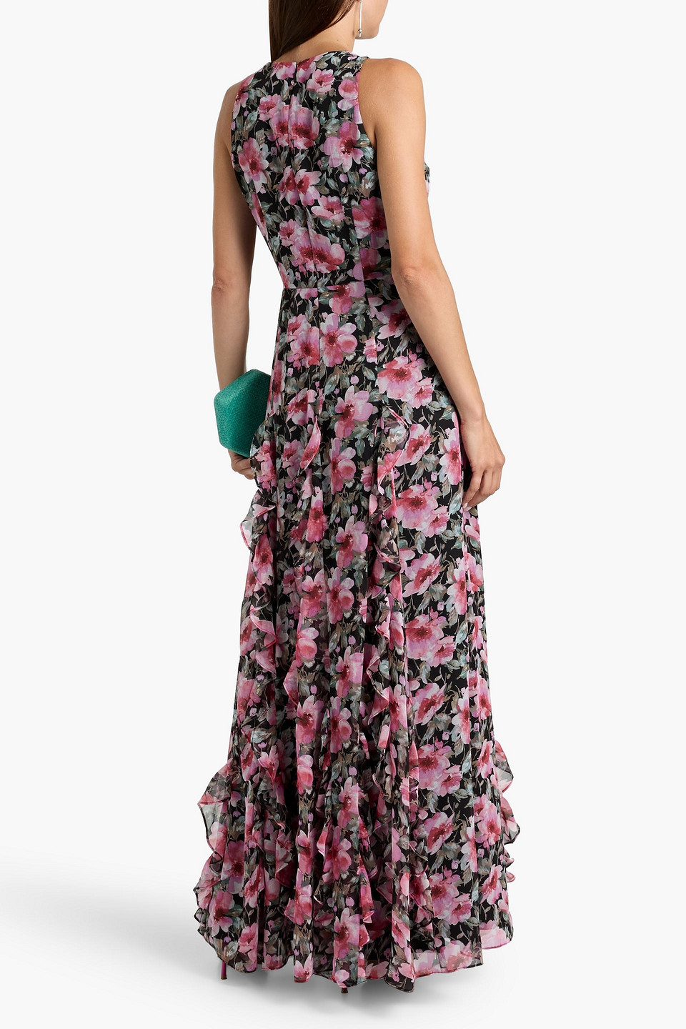 Mikael Aghal Ruffled Floral-print Chiffon Maxi Dress In Multi