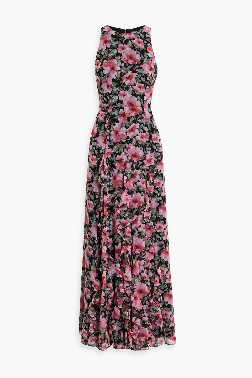 Mikael Aghal Ruffled Floral-print Chiffon Maxi Dress In Multi
