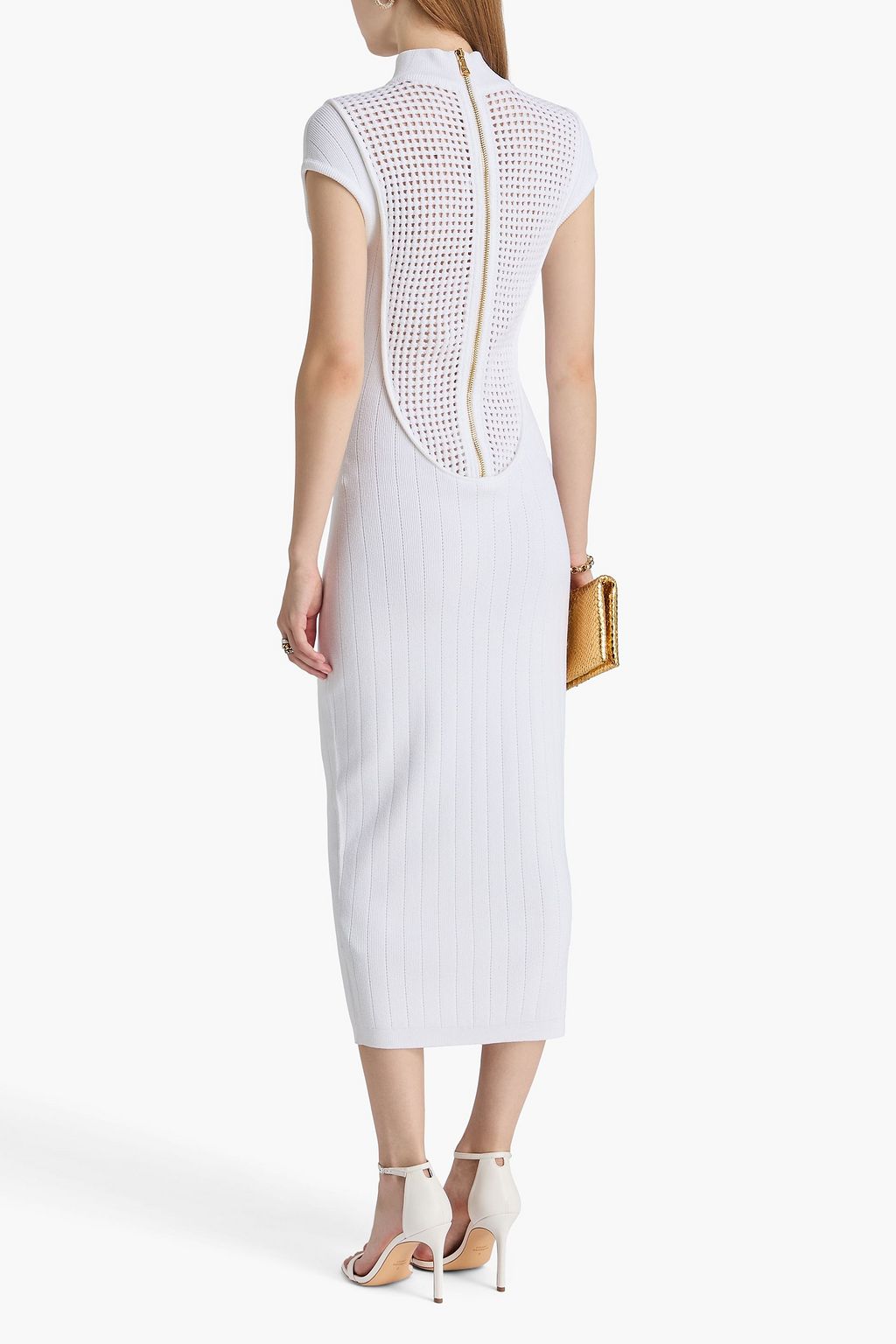 BALMAIN Cutout ribbed and open-knit midi dress