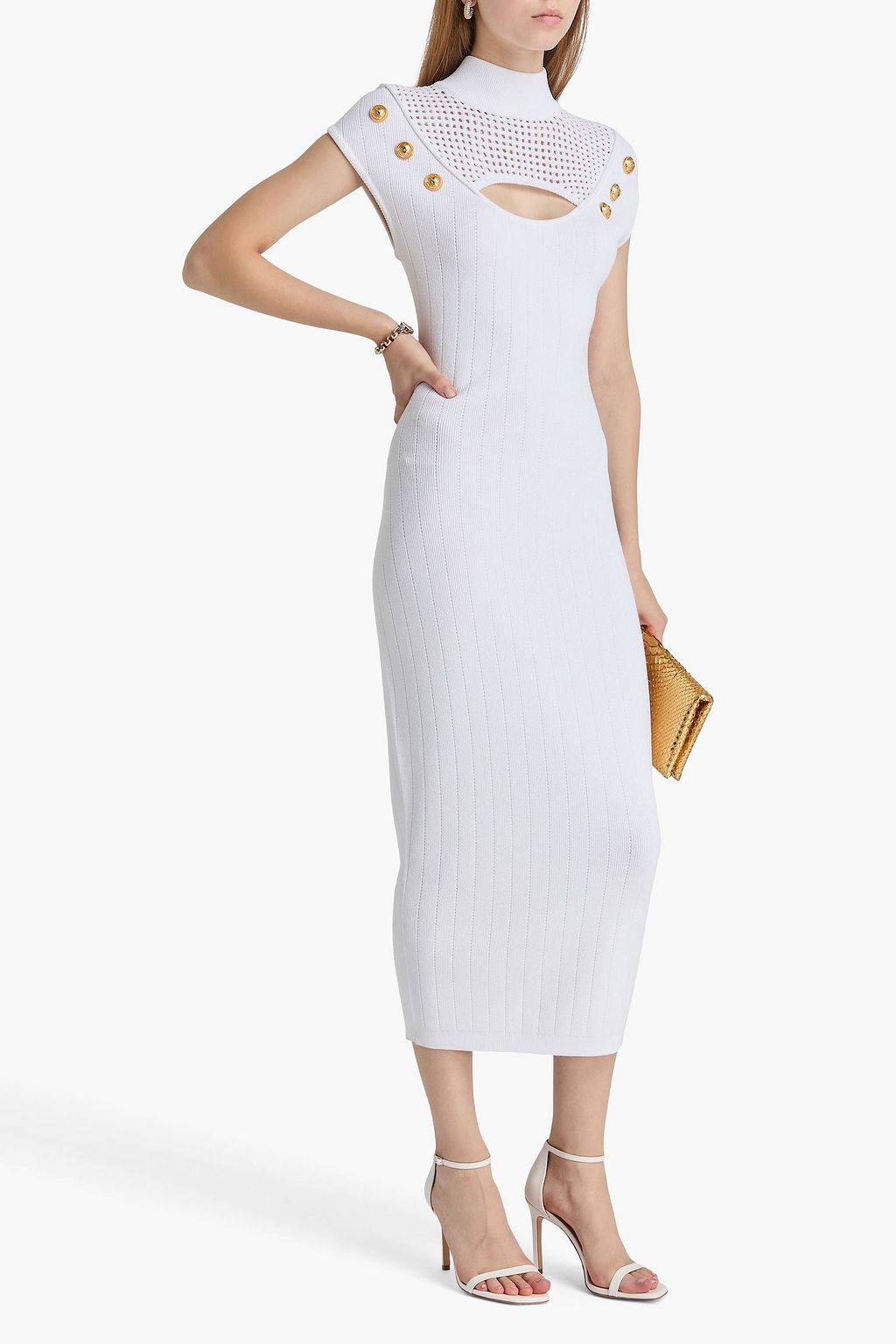 BALMAIN Cutout ribbed and open-knit midi dress