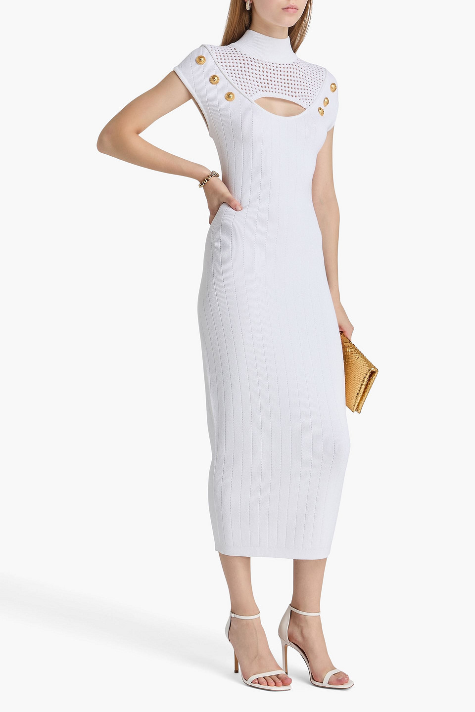  Balmain - Midikleid Aus Ripp- Und Lochstrick Mit Cut-outs - Weiß - Fr 34 