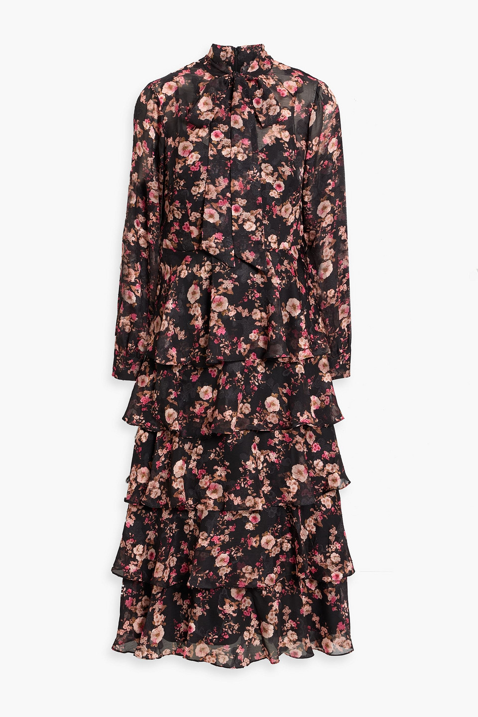 Mikael Aghal Tiered Floral-print Fil Coupé Chiffon Midi Dress In Black