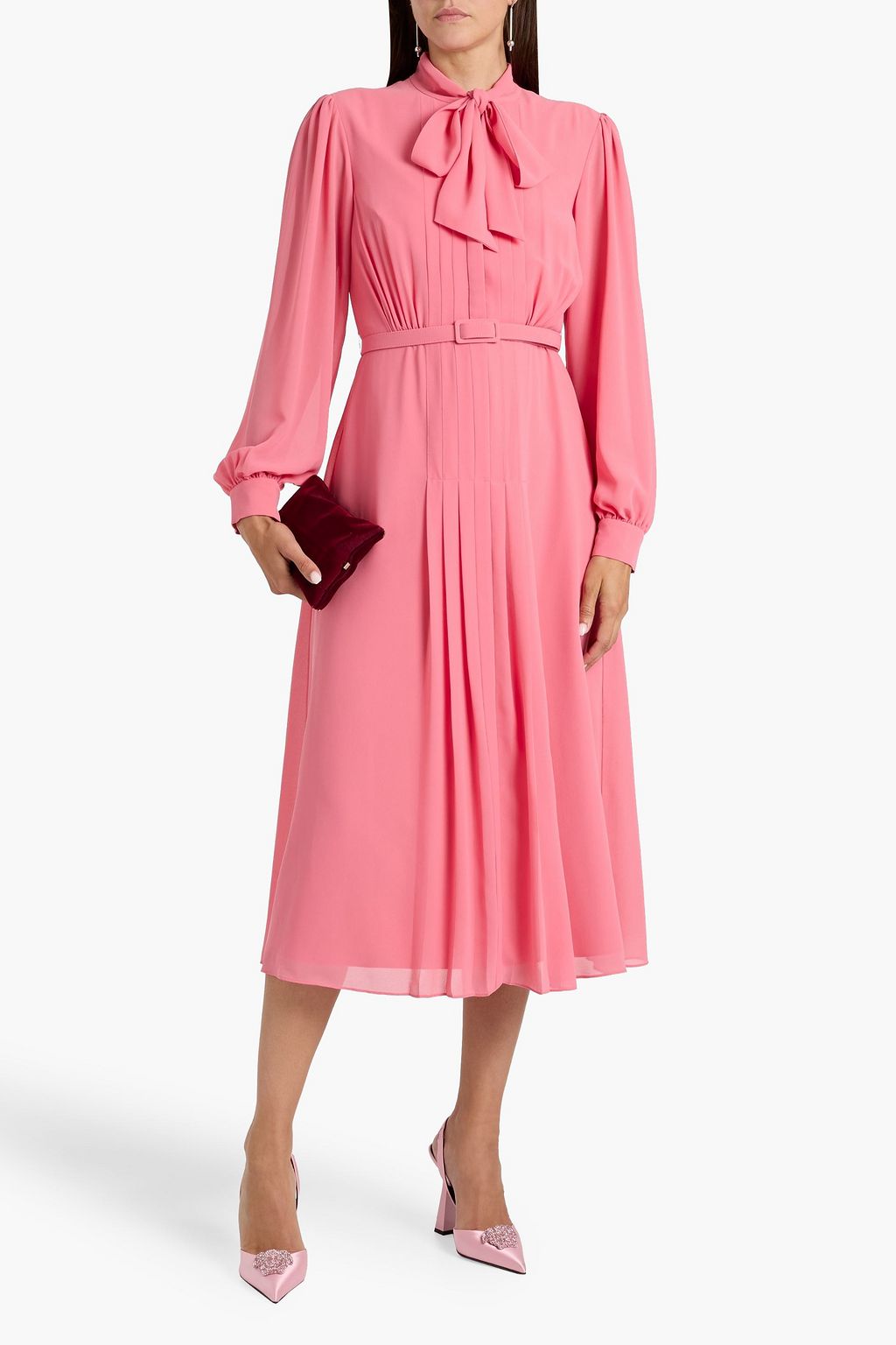 MIKAEL AGHAL Pussy-bow belted crepe midi dress