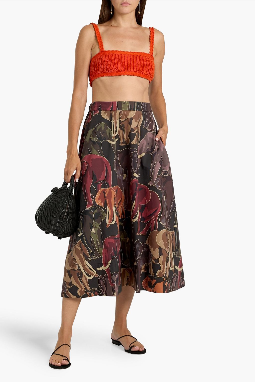 FARM RIO Printed cotton-poplin midi skirt