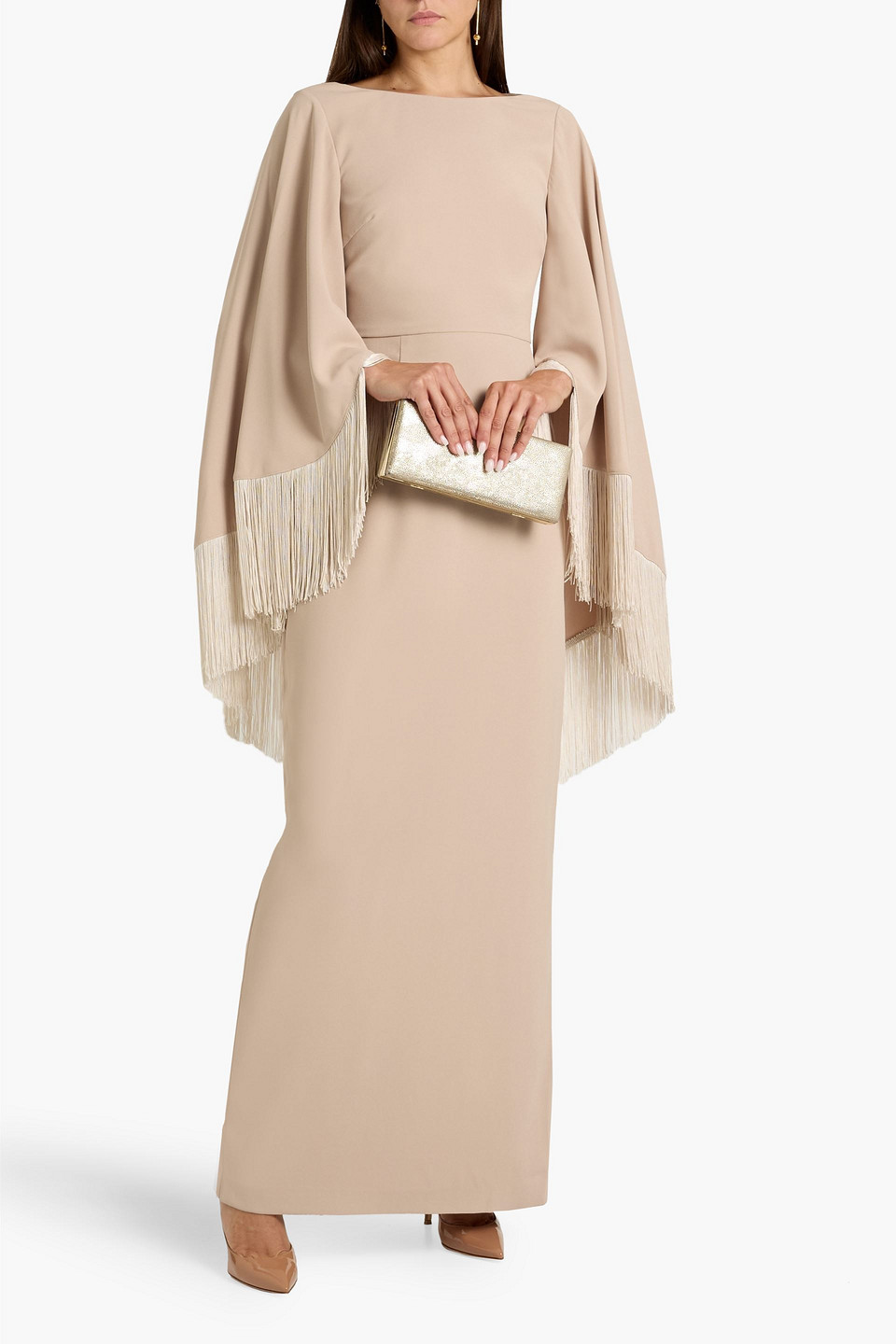Mikael Aghal Fringed Crepe Gown In Neutral