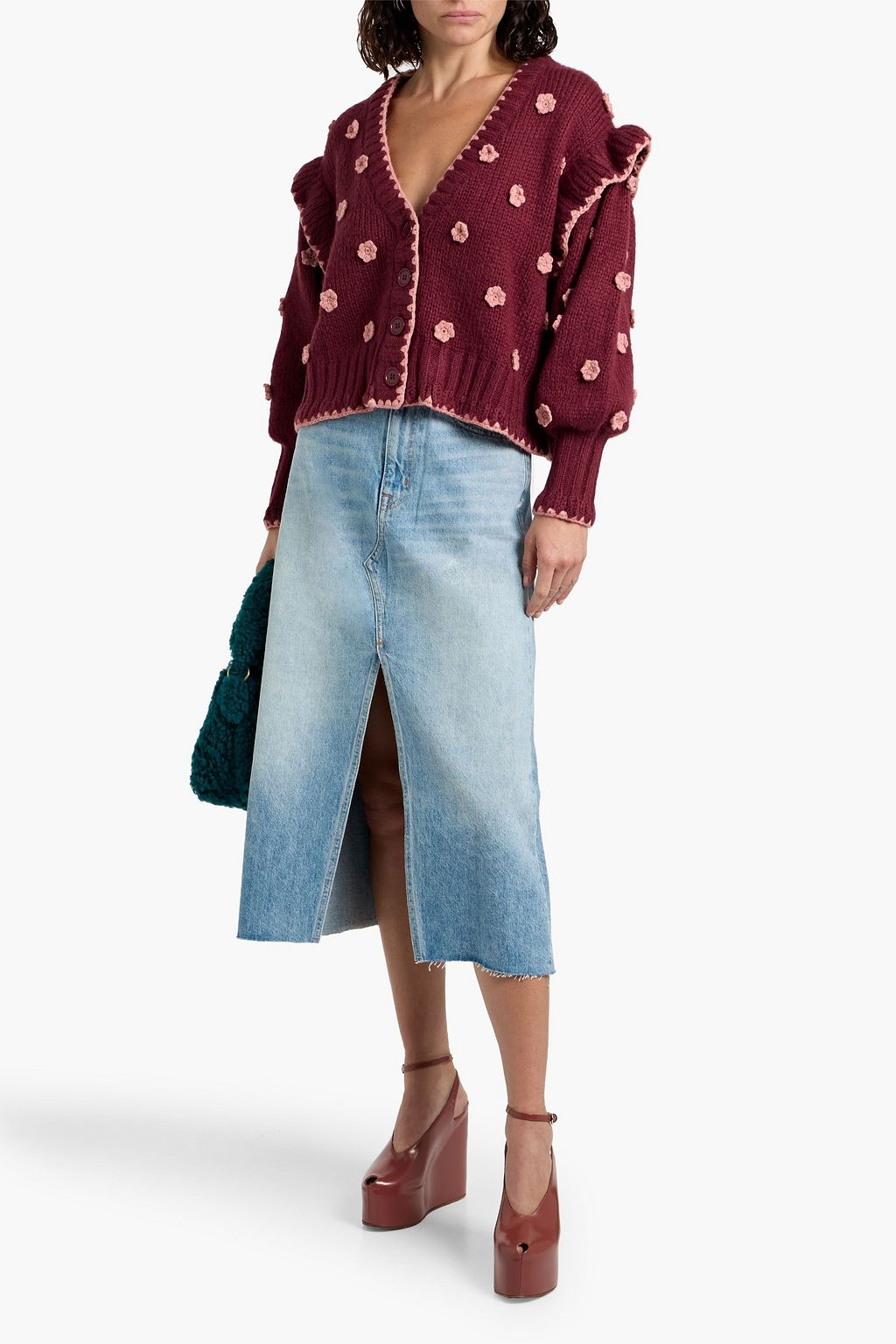 FARM RIO Floral-appliquéd knitted cardigan