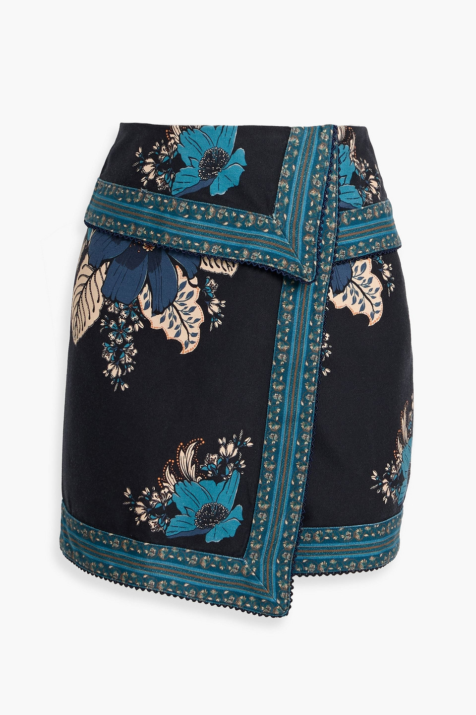 Farm Rio Wrap-effect Floral-print Cotton-twill Mini Skirt In Black