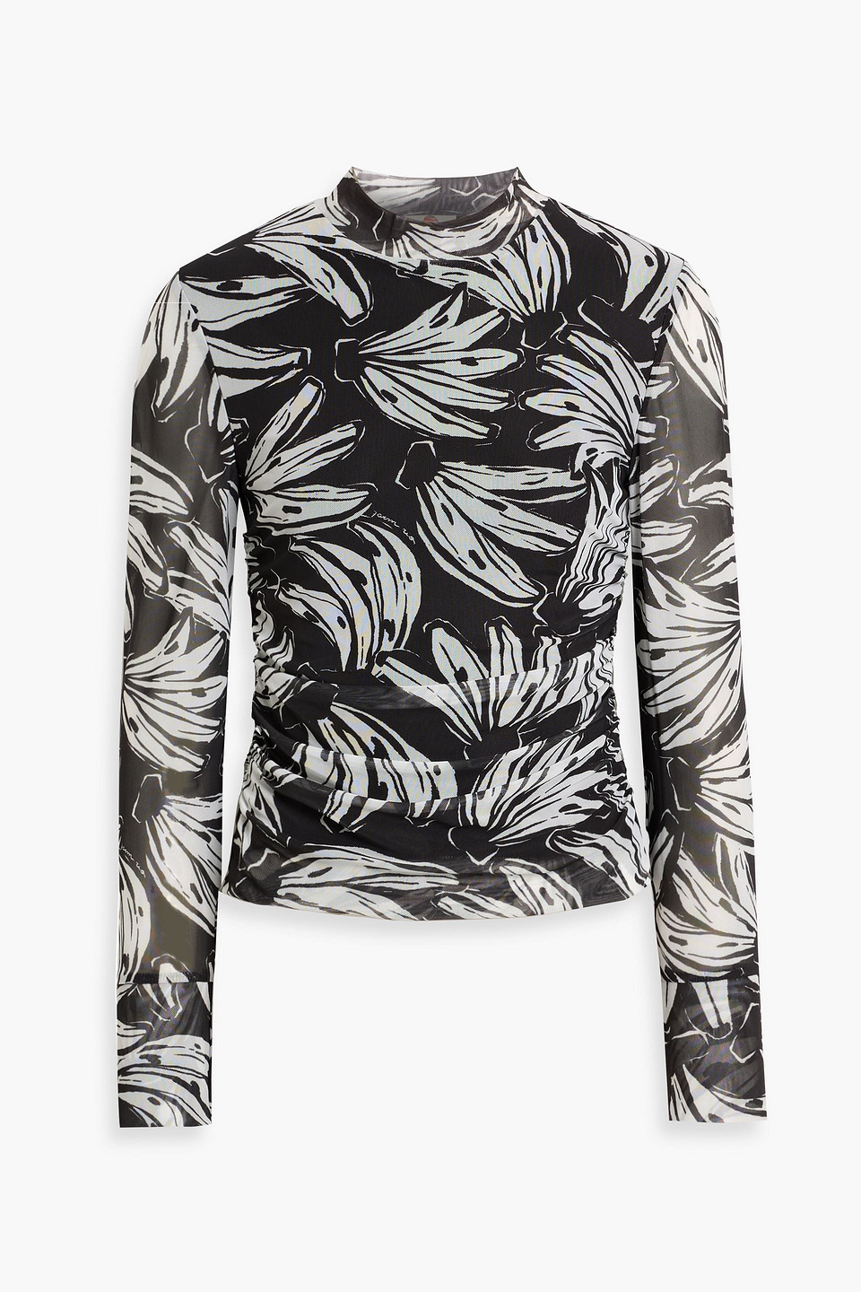 farm rio - ruched printed stretch-mesh top - black - xxs