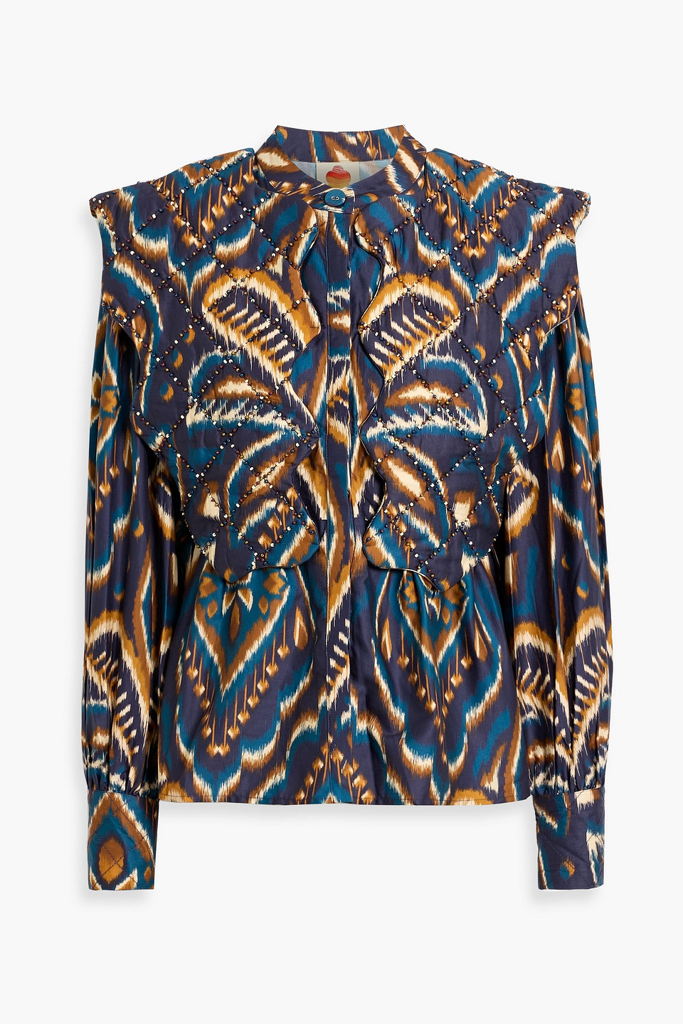 Farm Rio Blue Pineapple Ikat Long Sleeve Matelasse Blouse In Blue