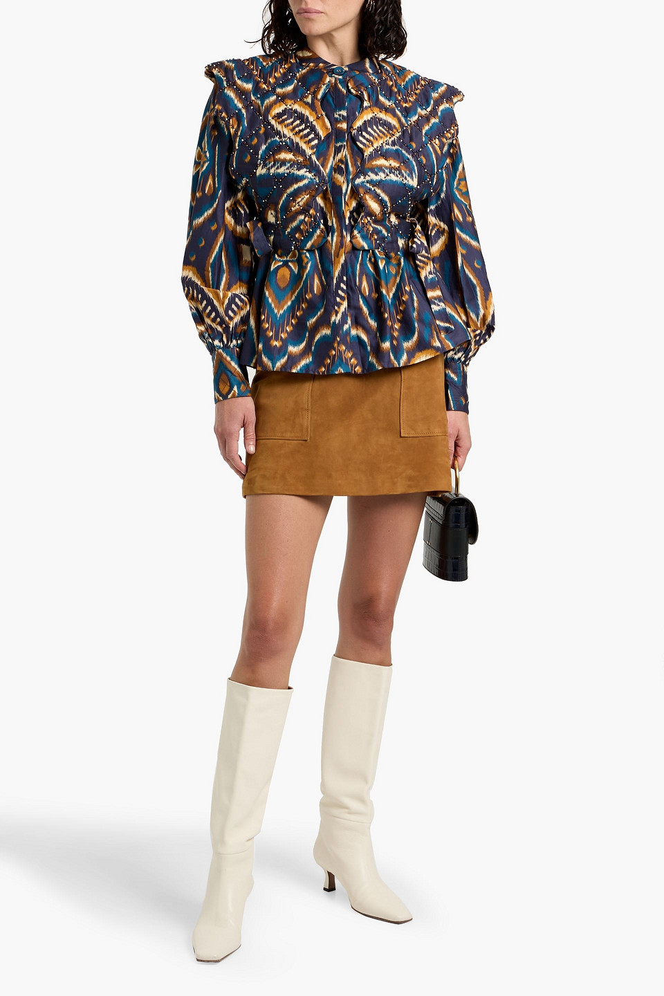 Farm Rio Blue Pineapple Ikat Long Sleeve Matelasse Blouse In Blue