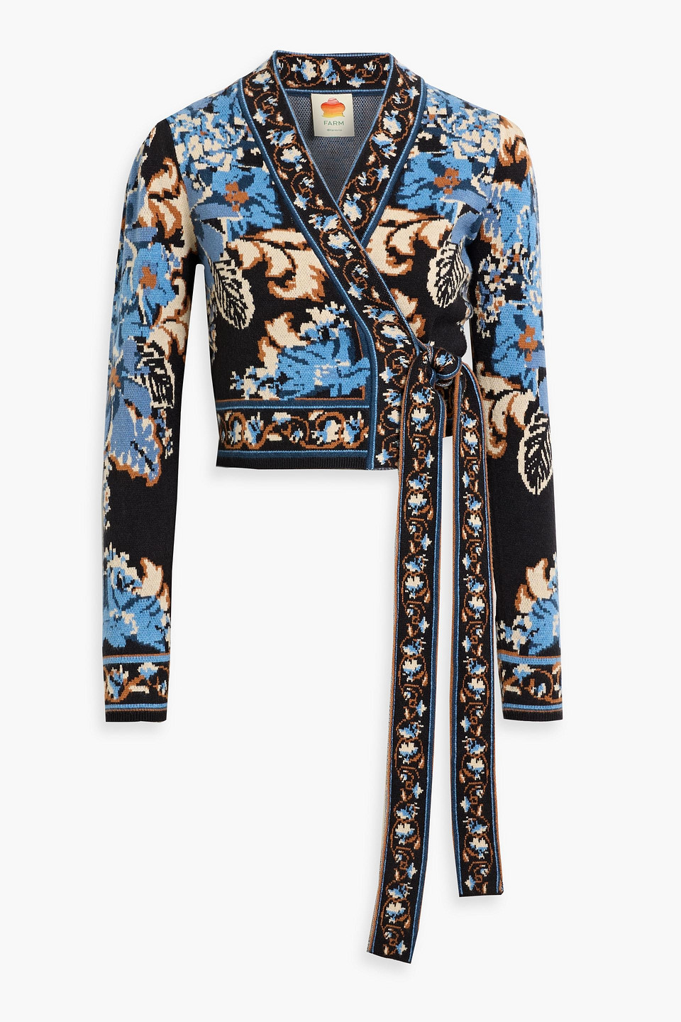 Farm Rio Cropped Jacquard-knit Wrap Top In Blue