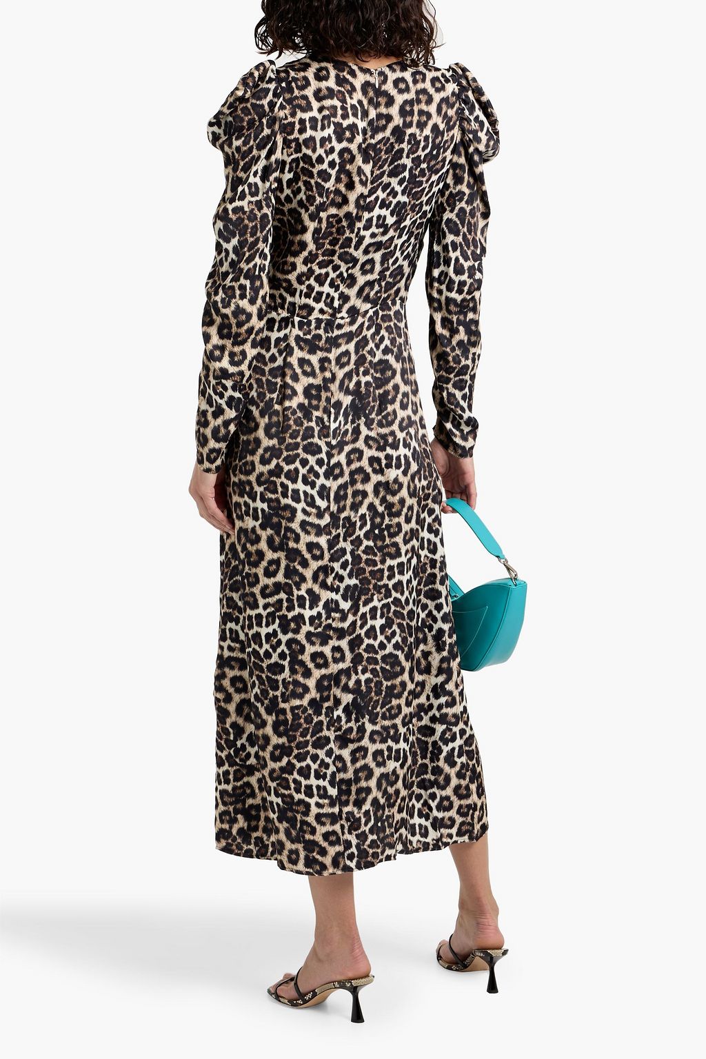 FARM RIO Ruched leopard-print satin midi dress