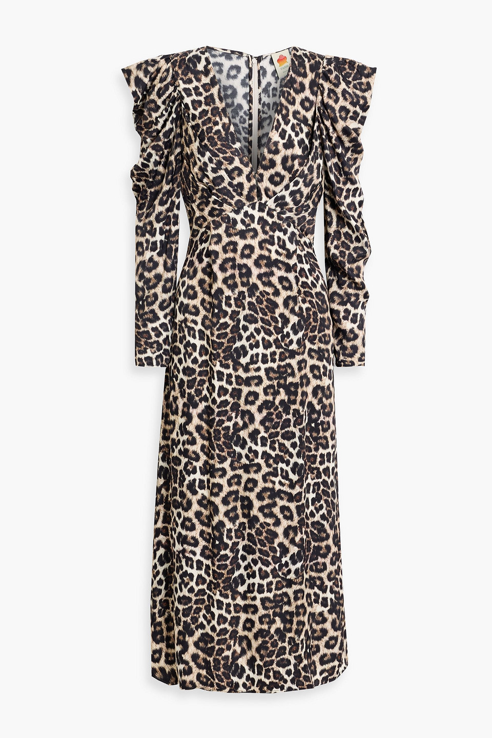 farm rio - ruched leopard-print satin midi dress - black - xxs