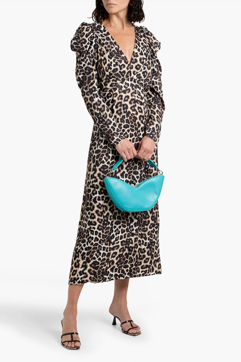 FARM RIO Ruched leopard-print satin midi dress