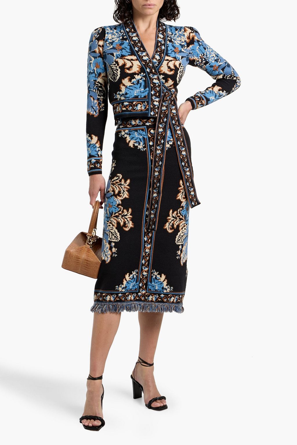 FARM RIO Fringed jacquard-knit midi skirt