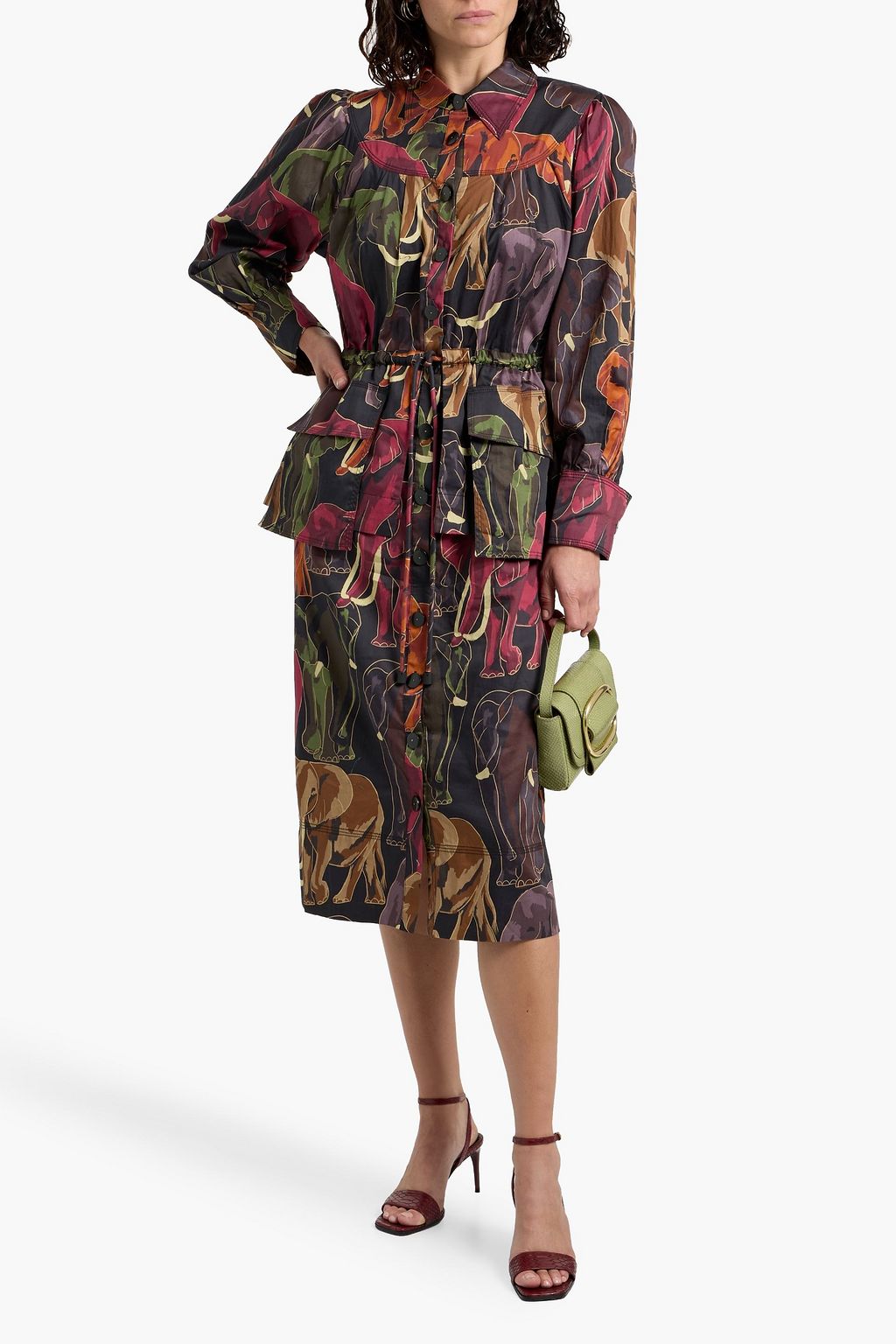 FARM RIO Printed cotton-poplin midi shirt dress