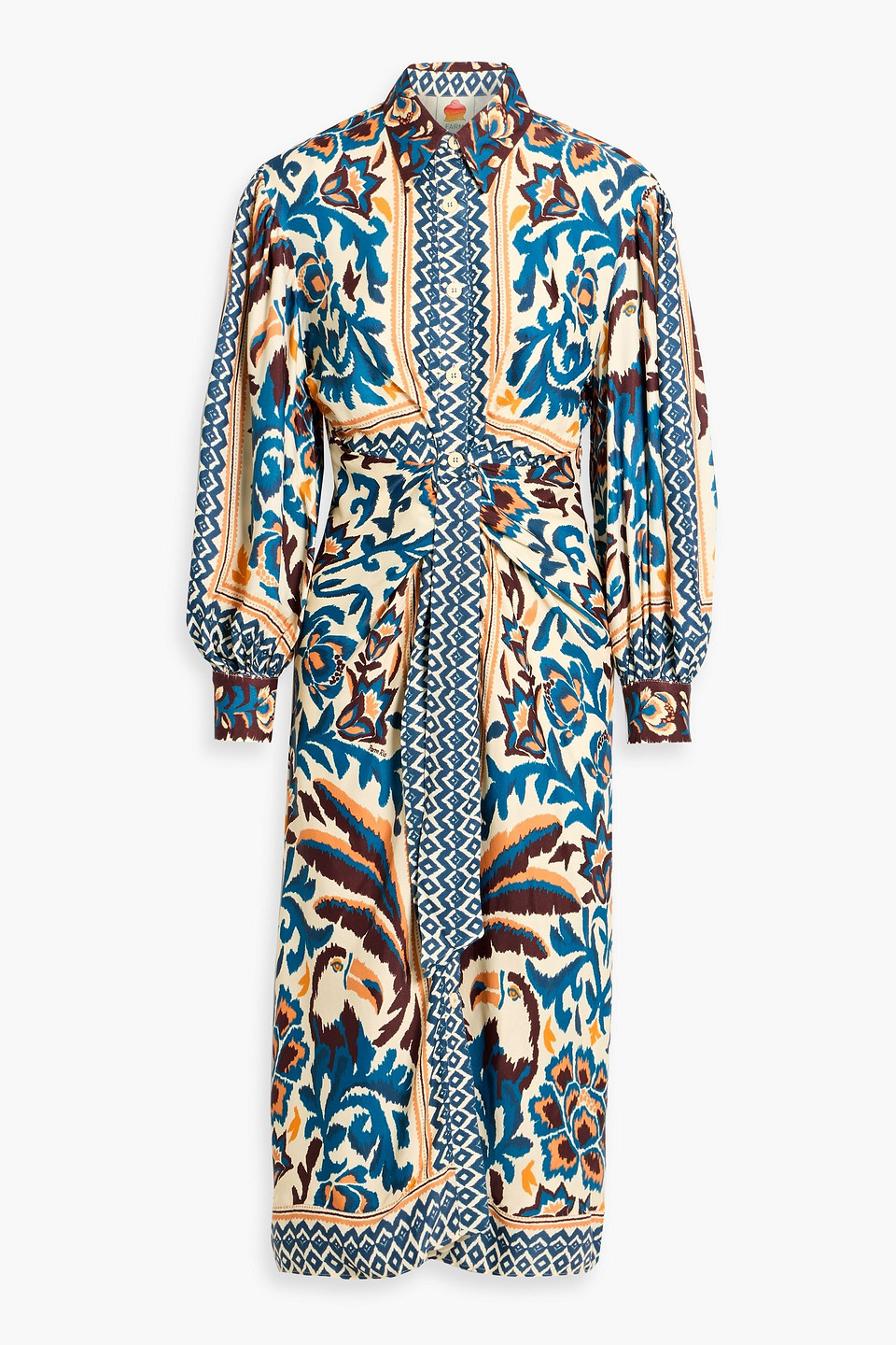 Farm Rio Printed Satin Midi Shirt Dress In Blue