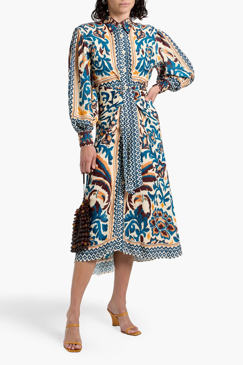 FARM RIO Printed satin midi shirt dress