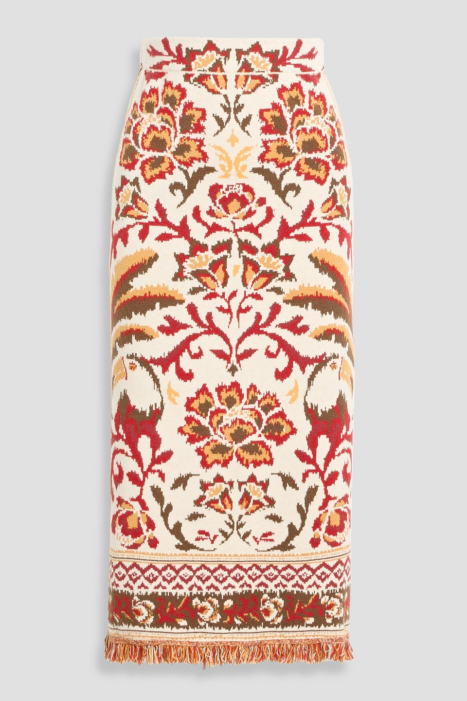 Farm Rio Fringed Jacquard-knit Midi Skirt In Multi