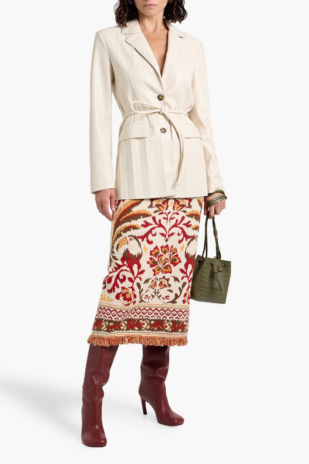 FARM RIO Fringed jacquard-knit midi skirt