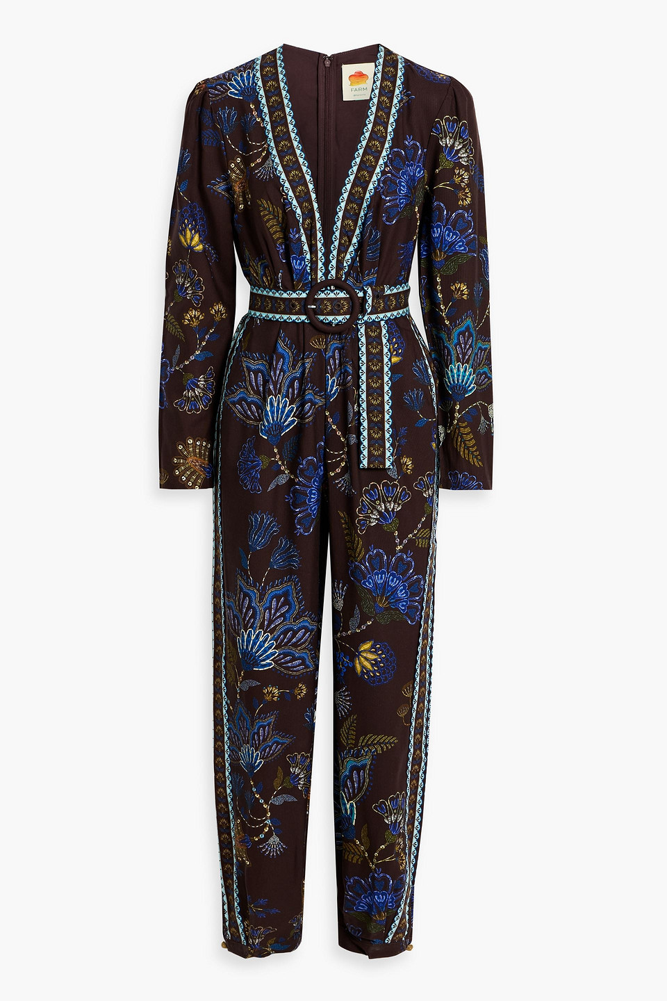 farm rio - belted printed cotton and lyocell-blend canvas jumpsuit - brown - xs