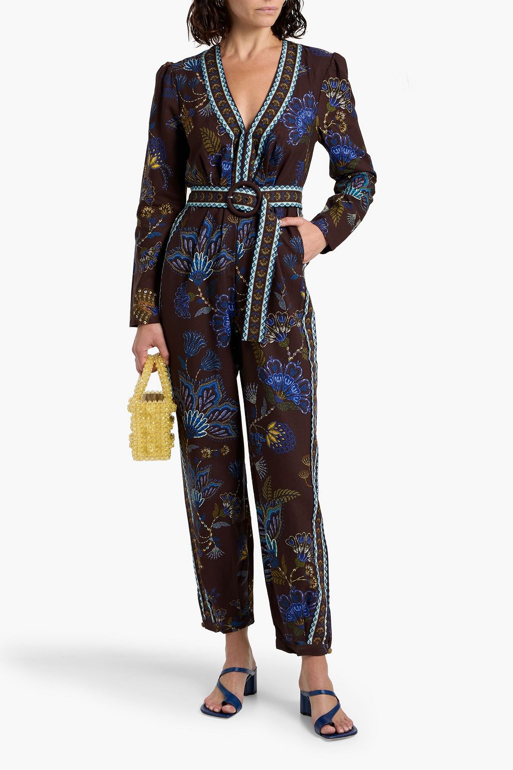 FARM RIO Belted printed cotton and Lyocell-blend canvas jumpsuit