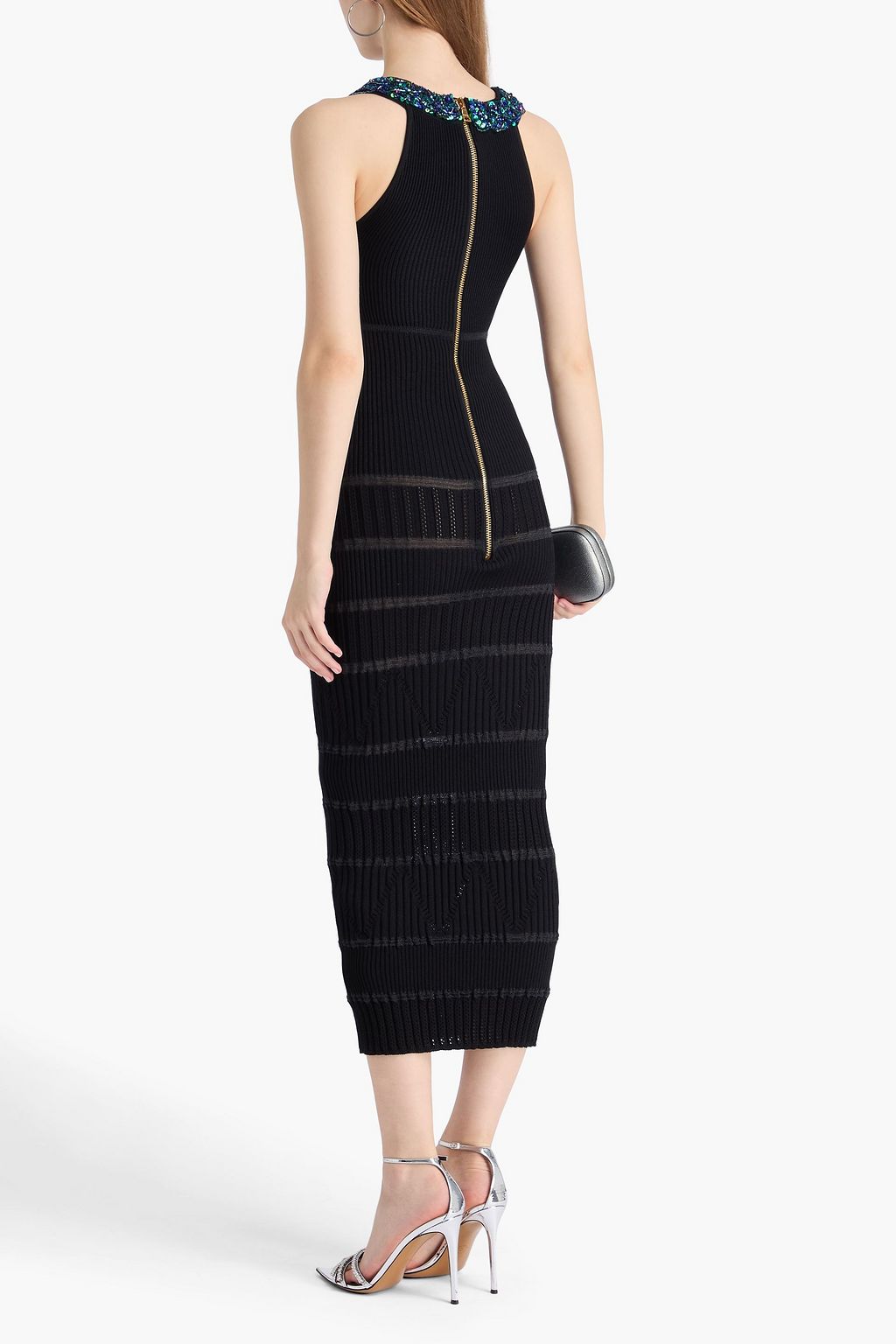 BALMAIN 장식 디테일 리브 & 포인텔 니트 미디 드레스