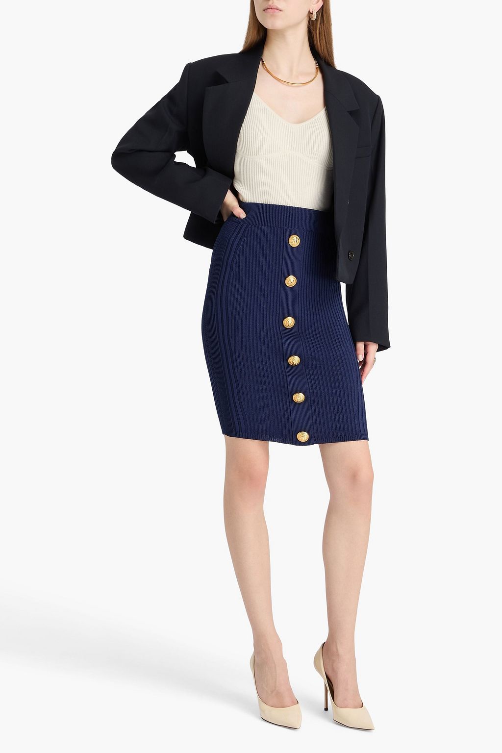 BALMAIN تنورة ضيّقة متوسطة الطول محاكة مضلّعة ومزيّنة