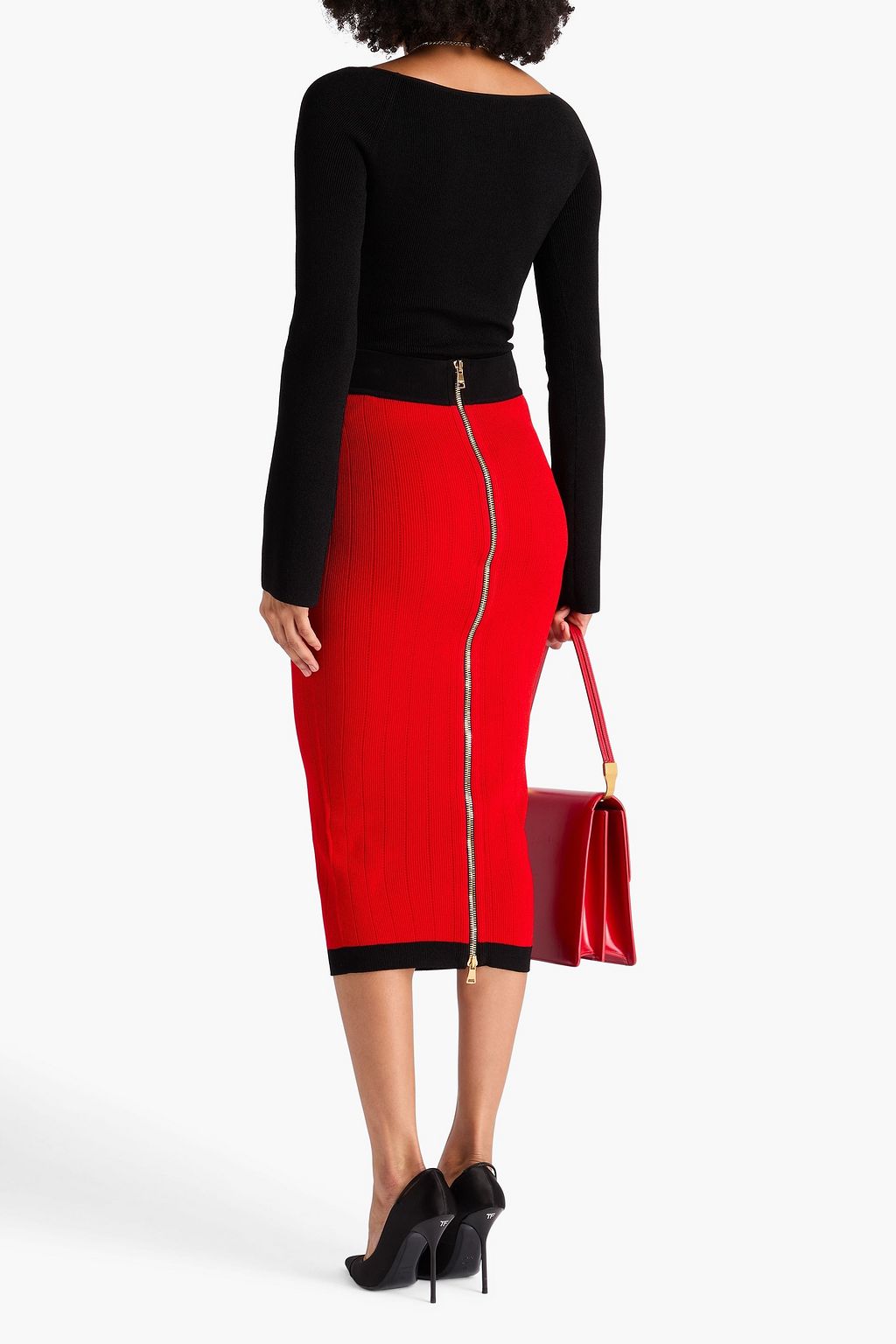 BALMAIN Zweifarbiger Midirock aus Rippstrick mit Verzierung