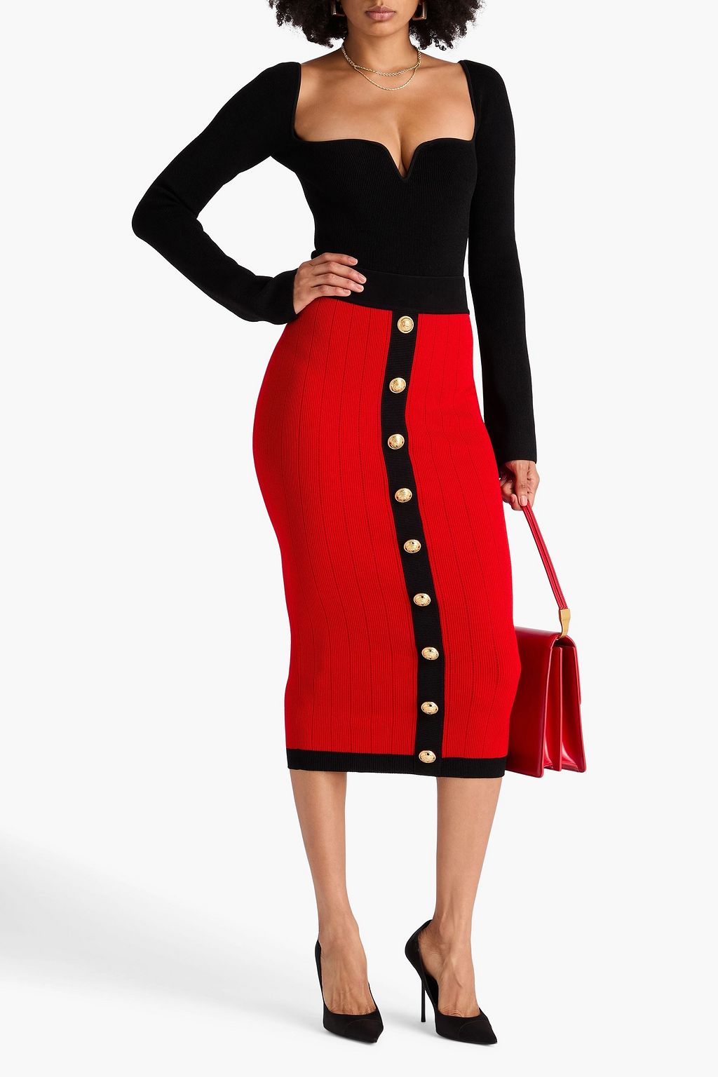 BALMAIN Zweifarbiger Midirock aus Rippstrick mit Verzierung