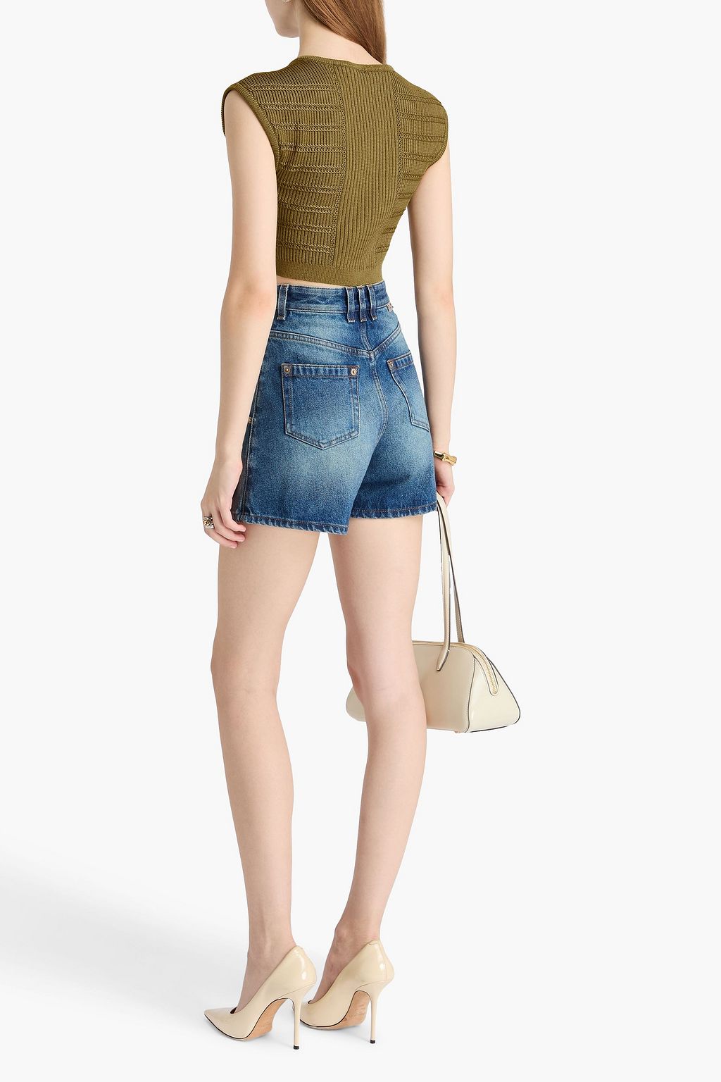 BALMAIN Cropped Oberteil aus Rippstrick mit Verzierung