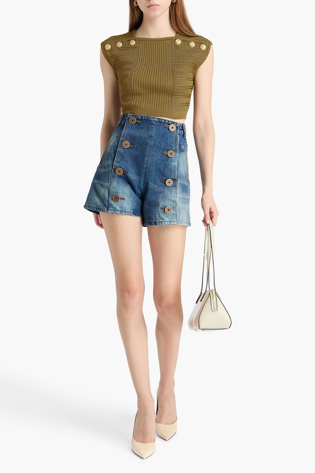 BALMAIN Cropped Oberteil aus Rippstrick mit Verzierung
