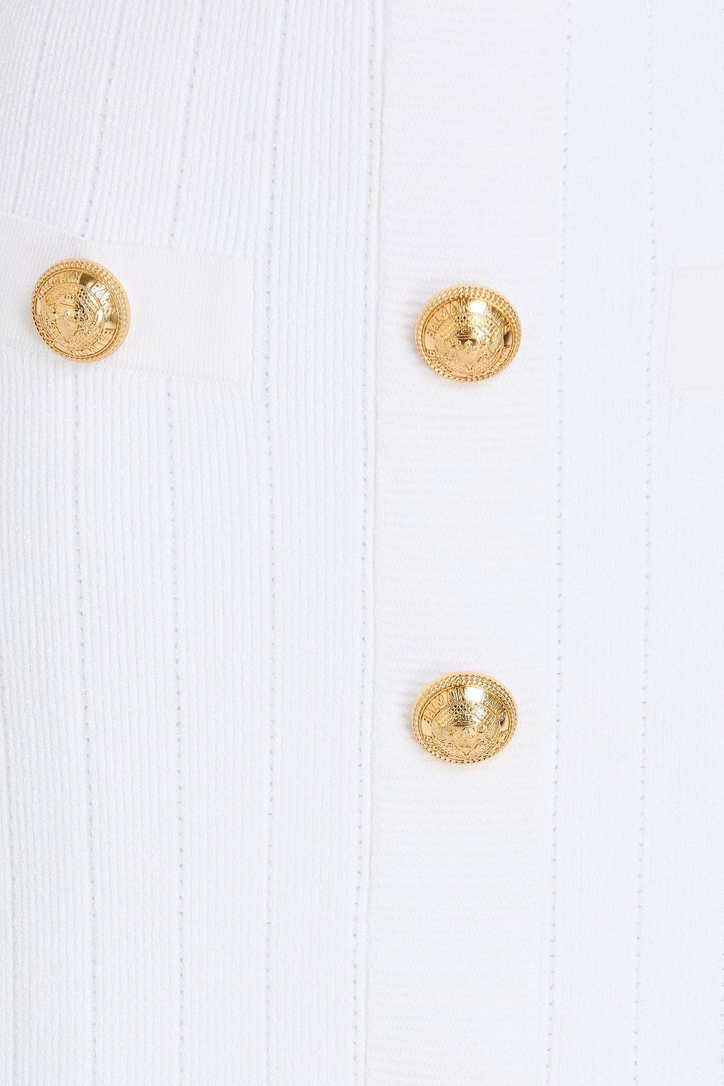 BALMAIN Off-the-shoulder embellished ribbed and open-knit mini dress