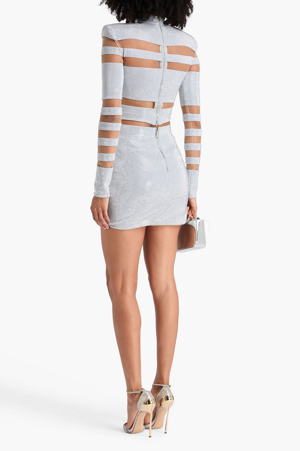 BALMAIN ジャージー&チュール タートルネックトップス クリスタル付き