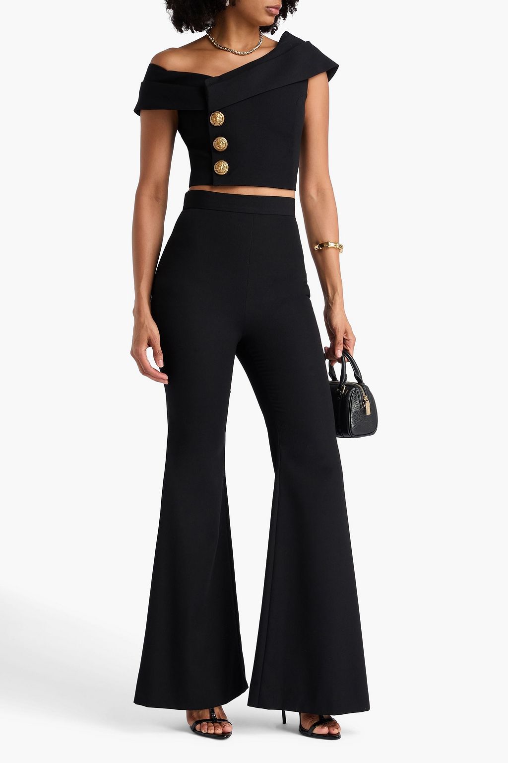 BALMAIN Schulterfreies Cropped Oberteil aus Wolle mit Verzierung