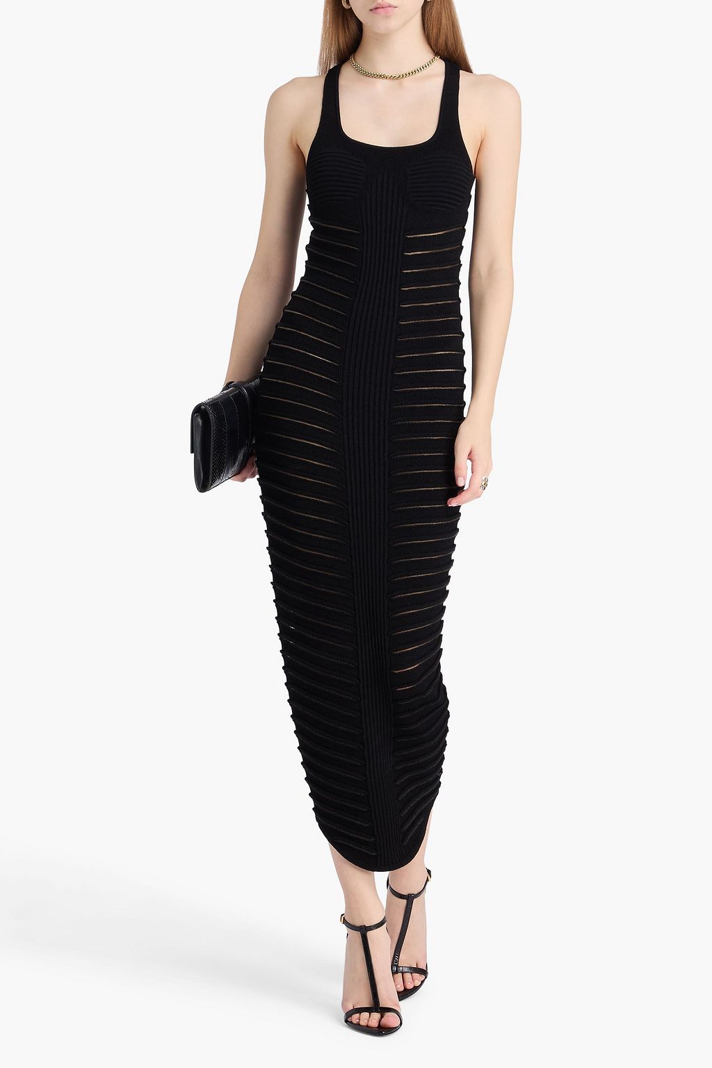 BALMAIN Cutout ribbed-knit maxi dress