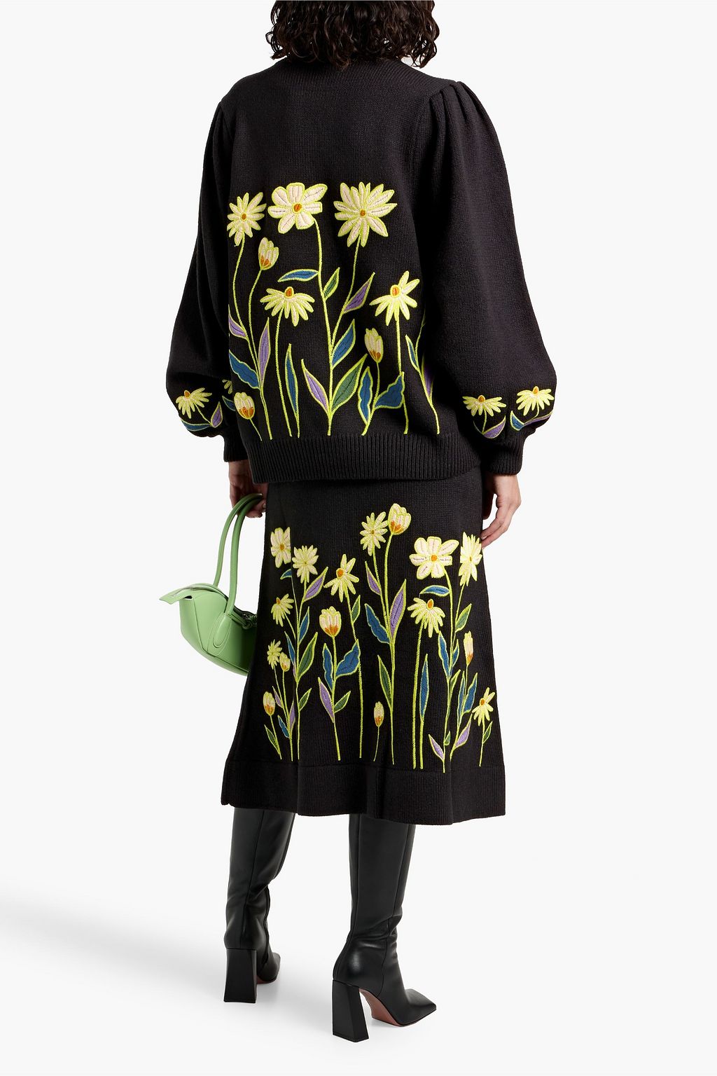 FARM RIO Embroidered knitted midi skirt