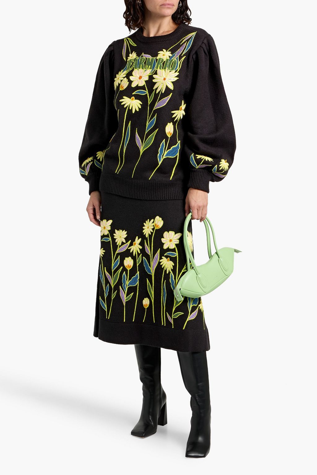 FARM RIO Embroidered knitted midi skirt