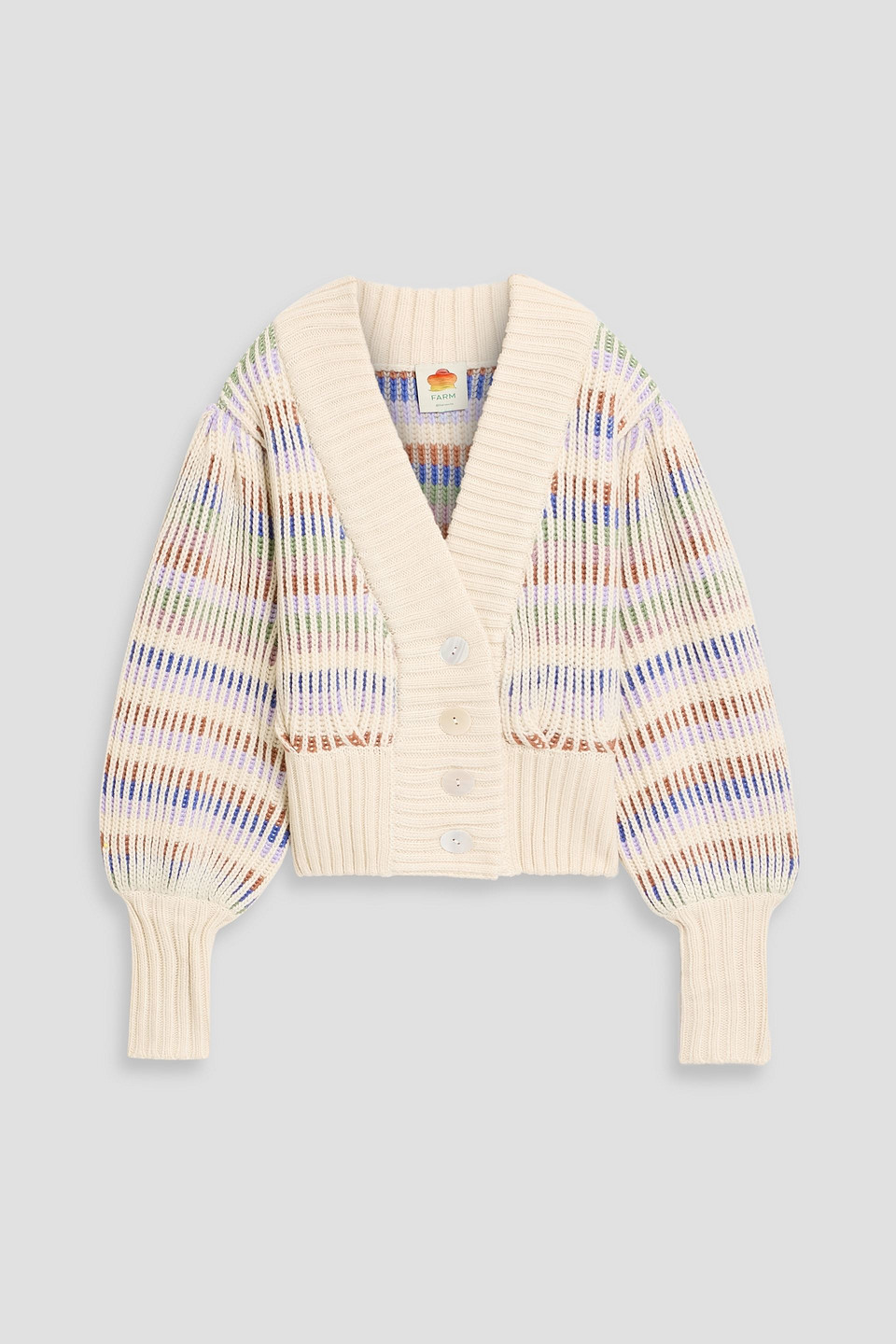 Farm Rio Striped Ribbed-knit Cardigan In Neutral