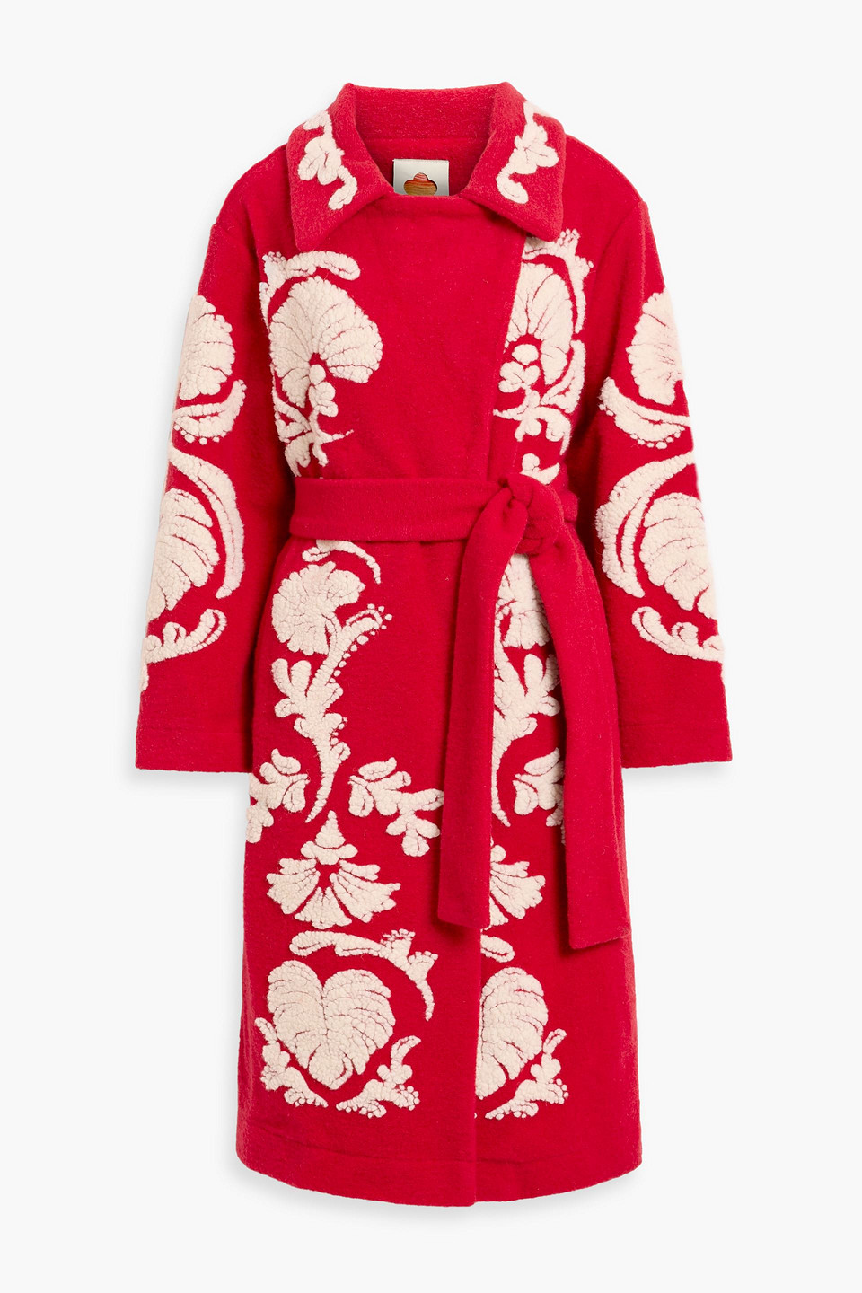 Farm Rio Belted Jacquard-fleece Coat In Red