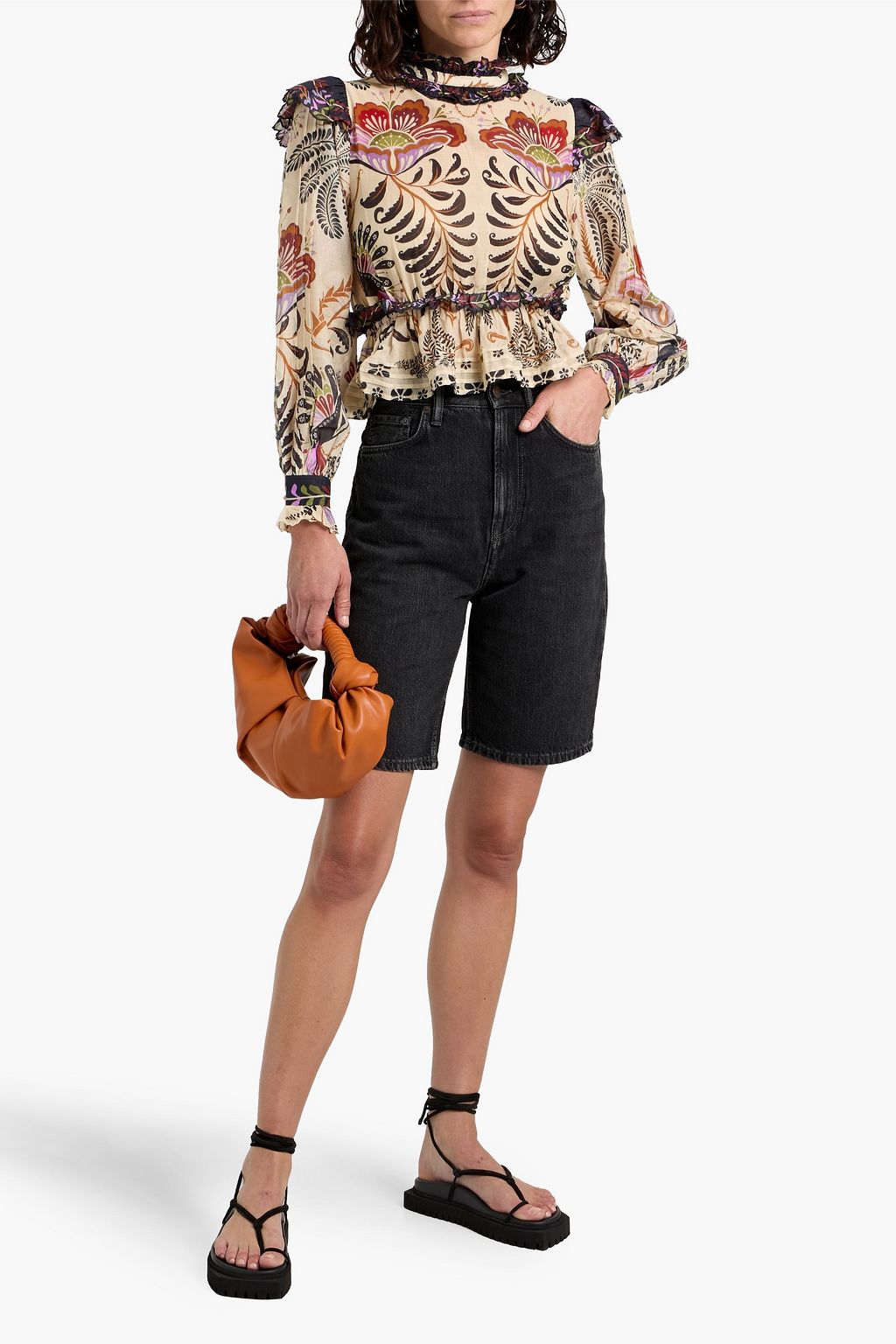 FARM RIO Ruffled printed cotton-voile blouse