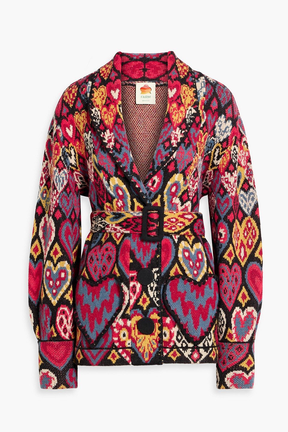 Farm Rio Belted Jacquard-knit Cardigan In Multi