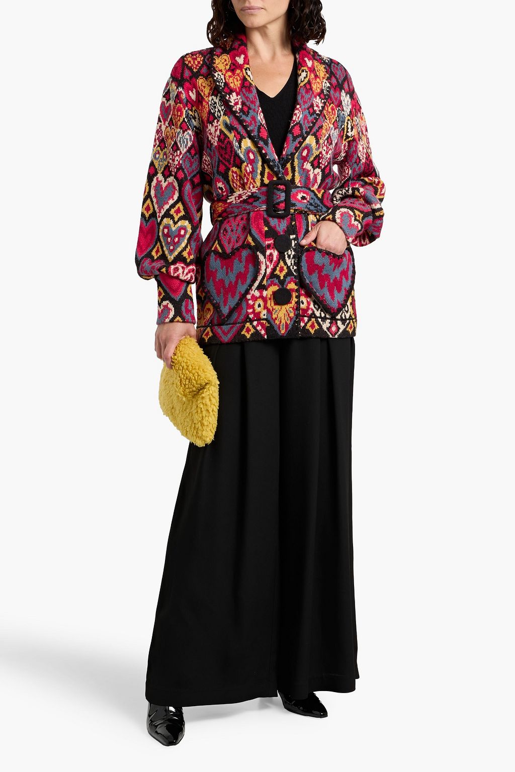 FARM RIO Belted jacquard-knit cardigan