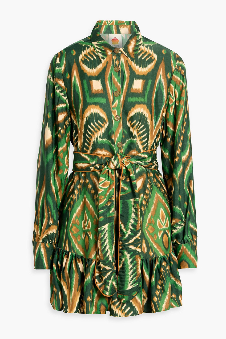 farm rio - ruffled printed woven mini shirt dress - green - xs
