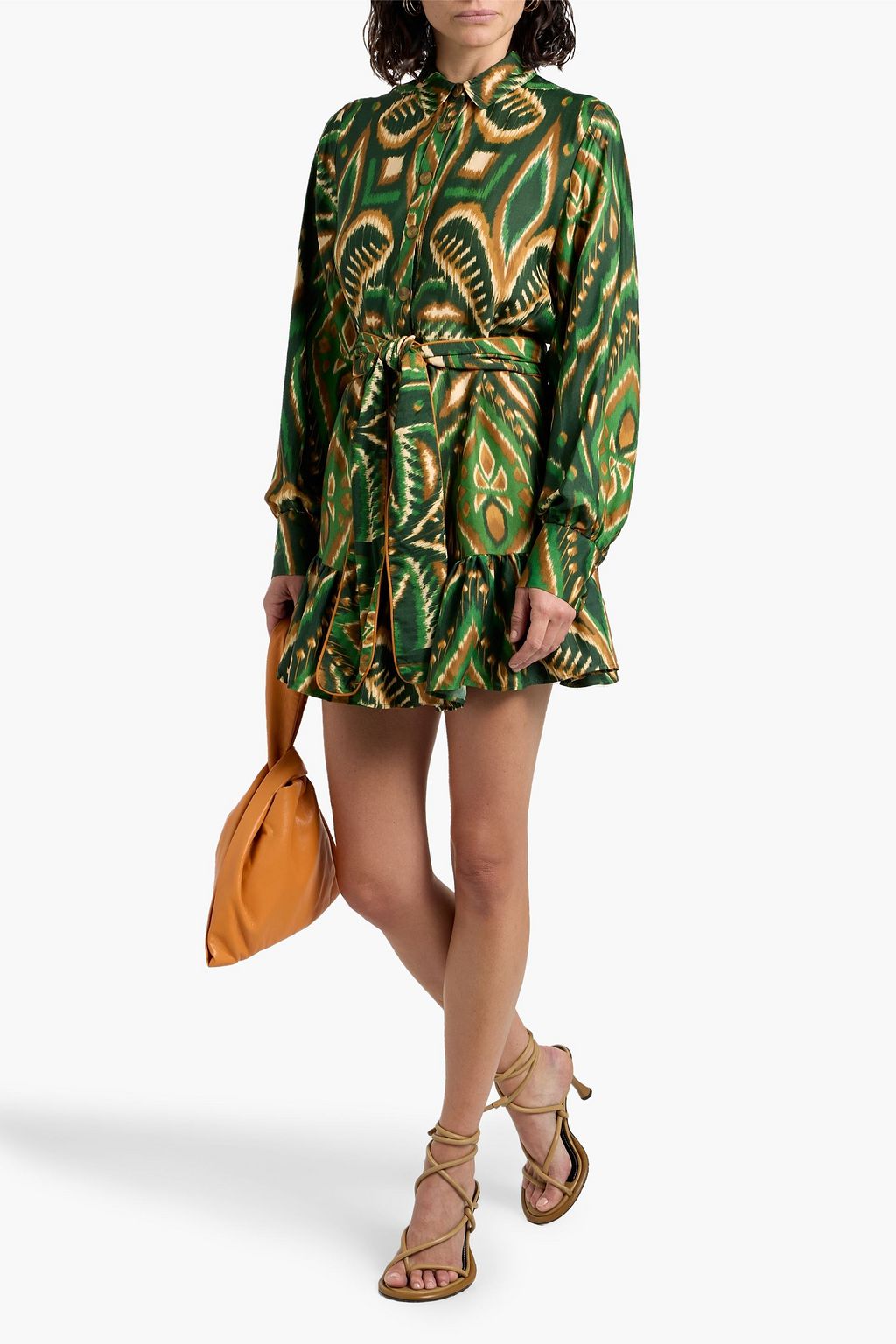 FARM RIO Ruffled printed woven mini shirt dress