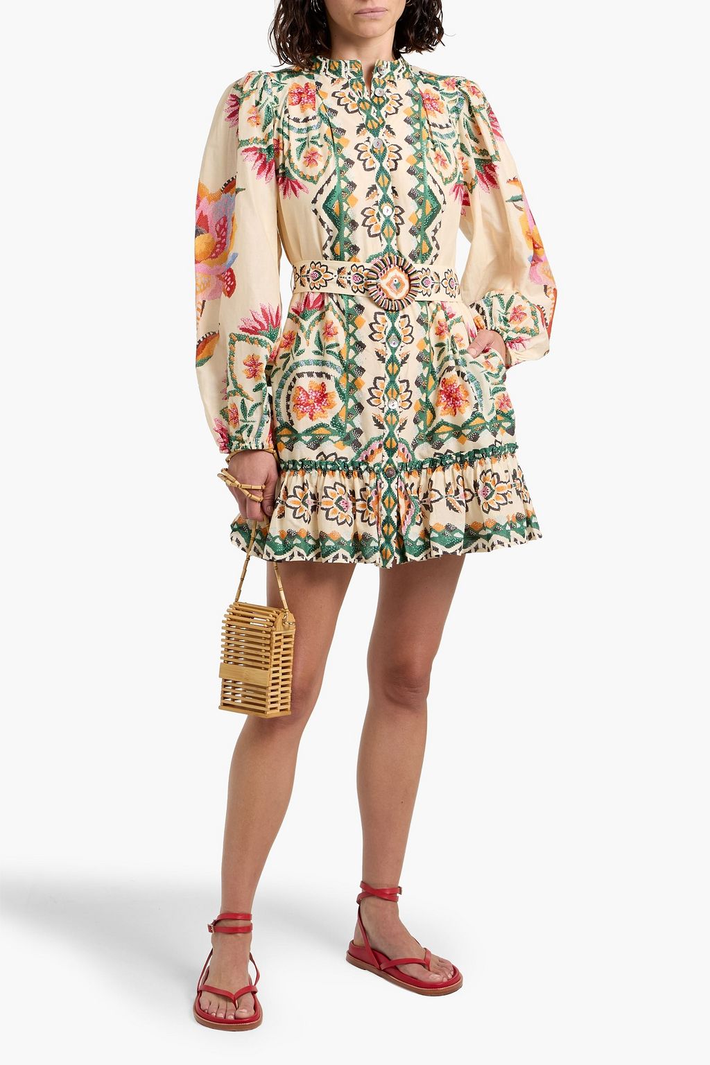 FARM RIO Ruffled floral-print cotton-voile mini dress