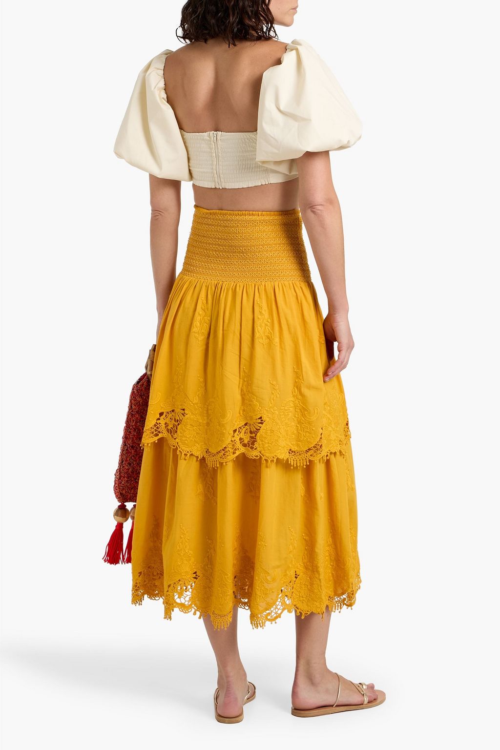 FARM RIO Tiered embroidered cotton midi skirt