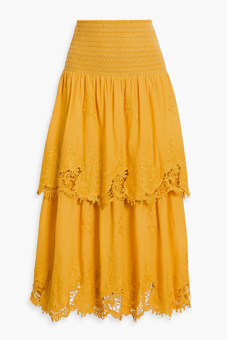 Farm Rio Tiered Embroidered Cotton Midi Skirt In Yellow